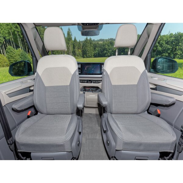 Second Skin ® per due sedili della cabina di guida (solo per sedili girevoli) nel VW T7 California, design "Ribella Sandwick/Raven"